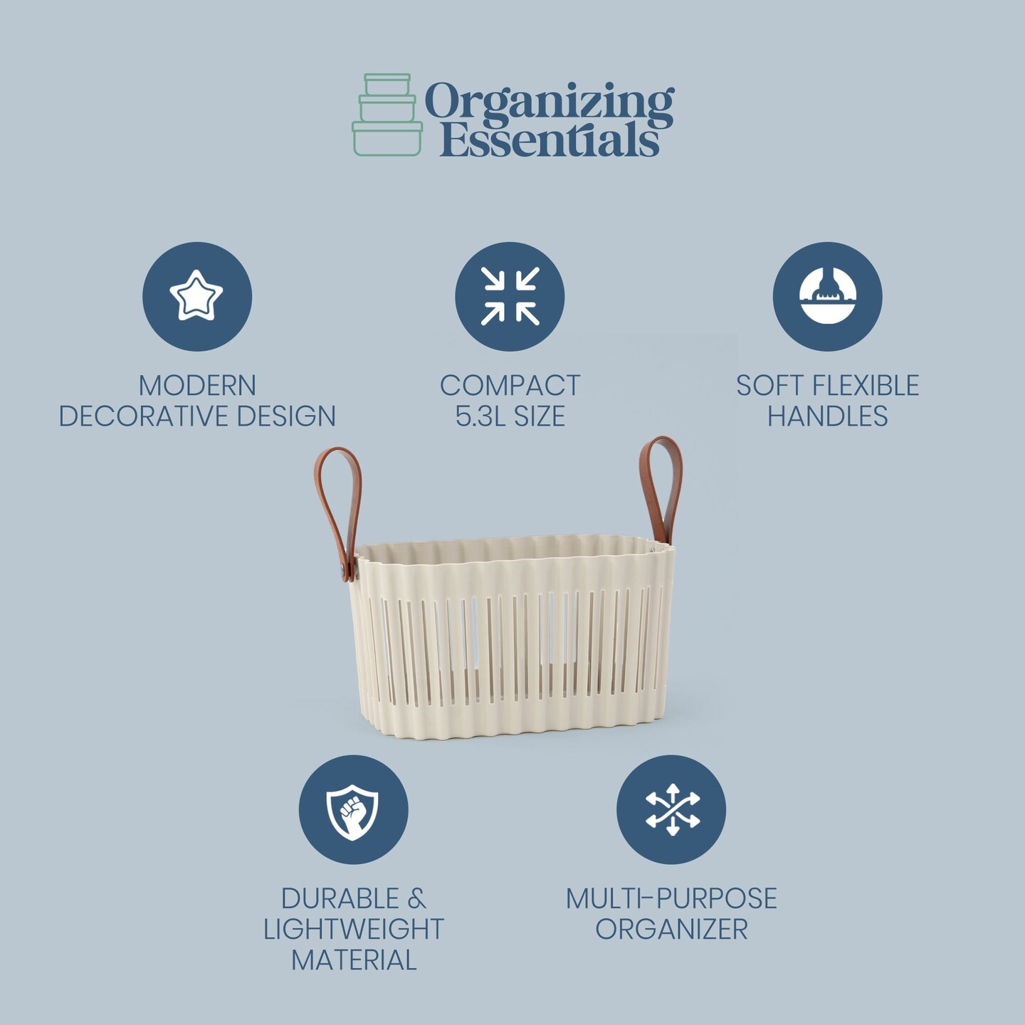 Organizing Essentials Medium Plastic Storage Basket with Soft Handles – Tan & Brown Decorative Bin for Bathroom, Dorm, or Desk – Rectangular Organizer Basket, 5.3L