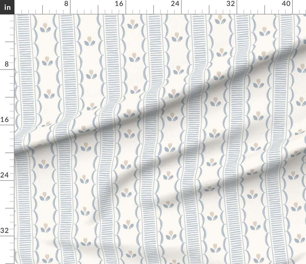 Cottagecore Floral Farmhouse Stripe Scallop Country Rustic Grandmillennial Cottage Vintage Floral Feminine Girly Blue Lines Tulip Spring Custom Printed Fabric by Spoonflower Various Fabrics by the Yard or Fat Quarter