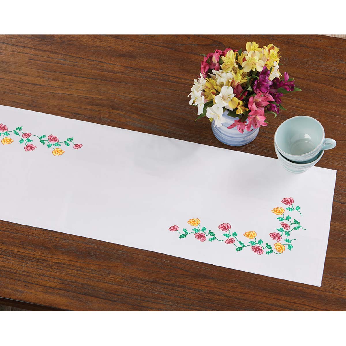 Herrschners Roses in Bloom Table Runner Stamped Cross-Stitch, Color ...