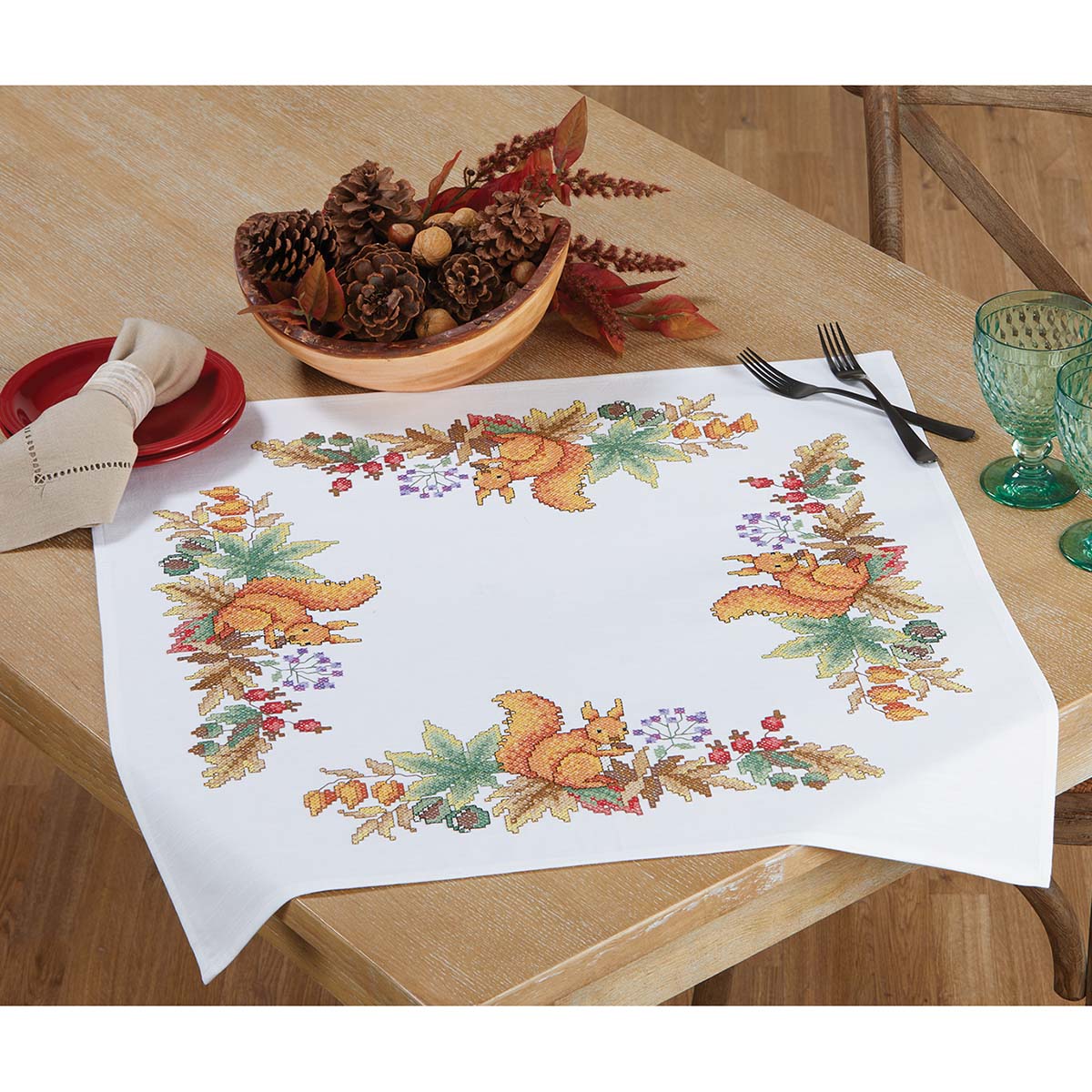 Herrschners Squirrel with Autumn Leaves Table Topper Stamped Cross ...
