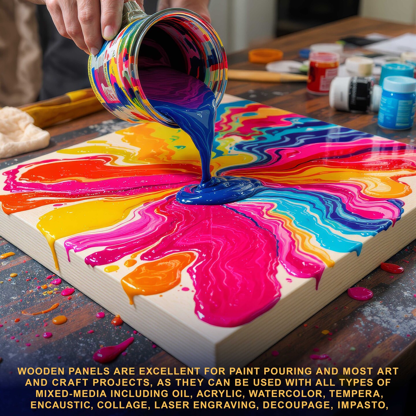 5" x 5" Unfinished Cradled Wood Panels for Painting, Gallery 1-1/2" Deep (4 Pack) - Artist Depth Wooden Wall Canvases - Mixed-Media Craft, Acrylic, Oil, Encaustic, Paint Pouring