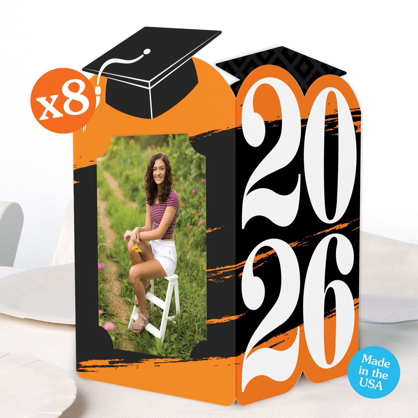 Big Dot of Happiness Orange 2026 Graduation Photo Holder Centerpieces, 4x6 Picture Display Box, Table Decoration Centerpiece for Grad Decor, 8 Count