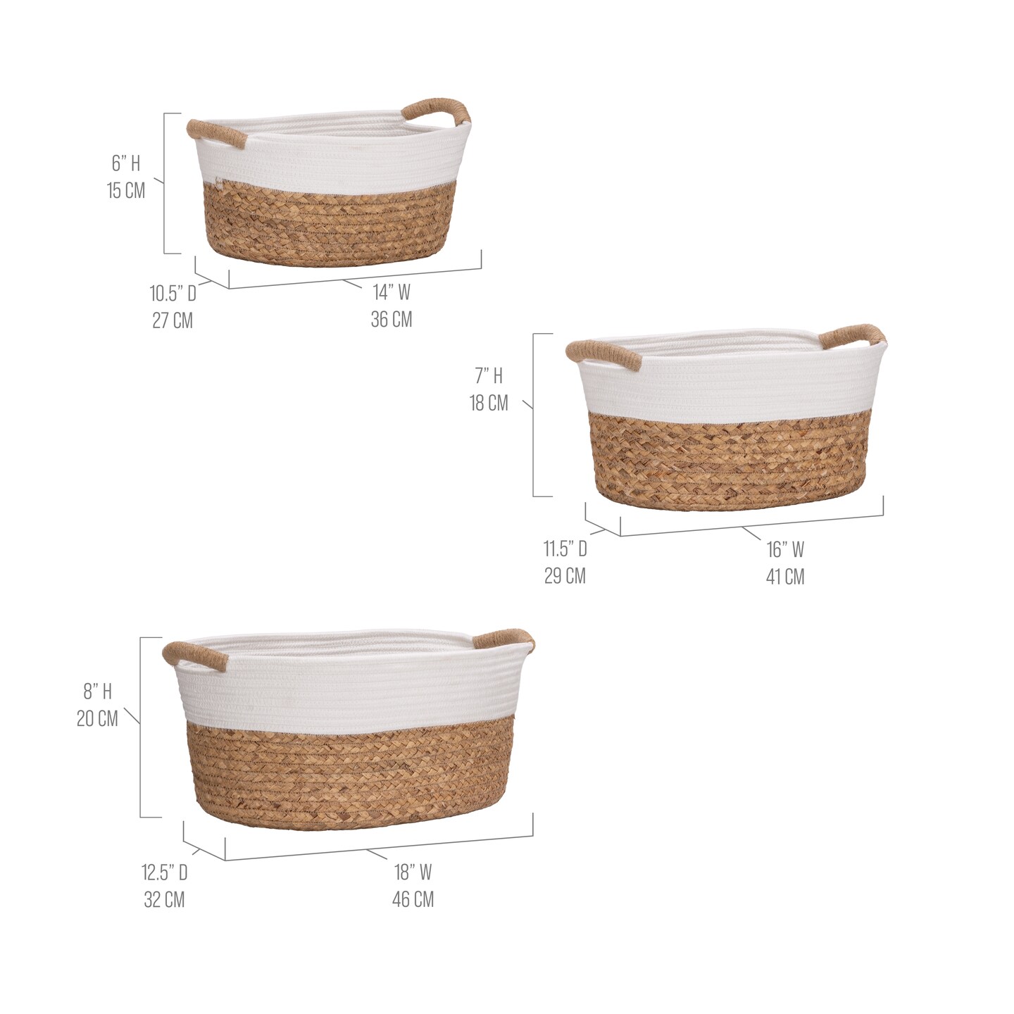 Seville Classics 3-Piece Natural Water Hyacinth and Rope Handwoven Basket Set