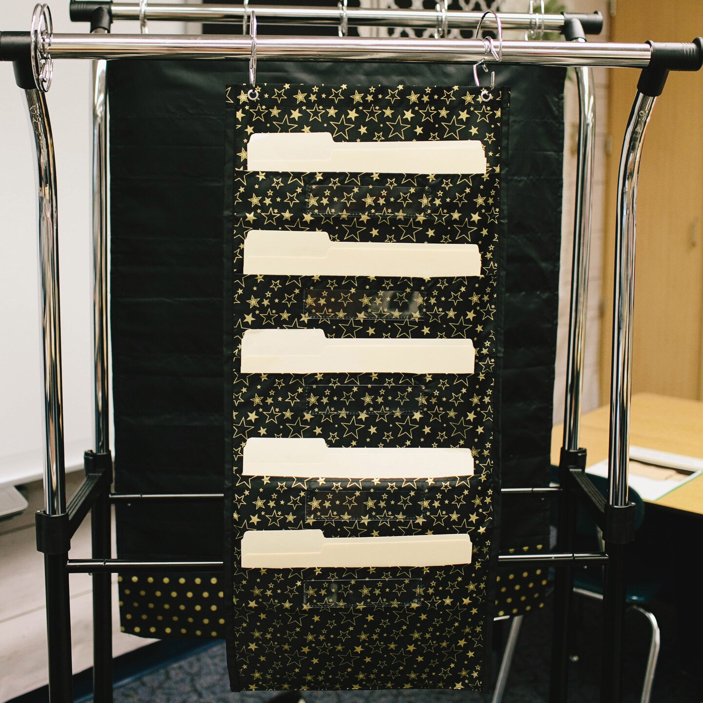 Carson Dellosa 14" x 32" Black Hanging File Folders Storage Pocket Chart With Gold Stars, 6 Pocket Paper Organizer for Games, Teacher Supplies for Homeschool, Classroom and Office Organization