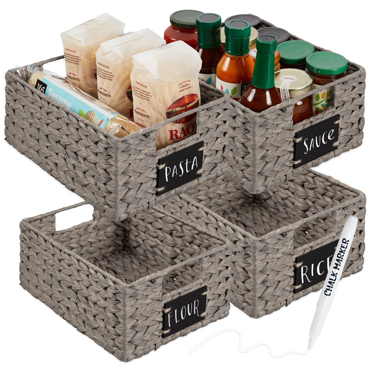 Best Choice Products Set of 4 12in Woven Water Hyacinth Pantry Baskets w/ Chalkboard Label, Chalk Marker