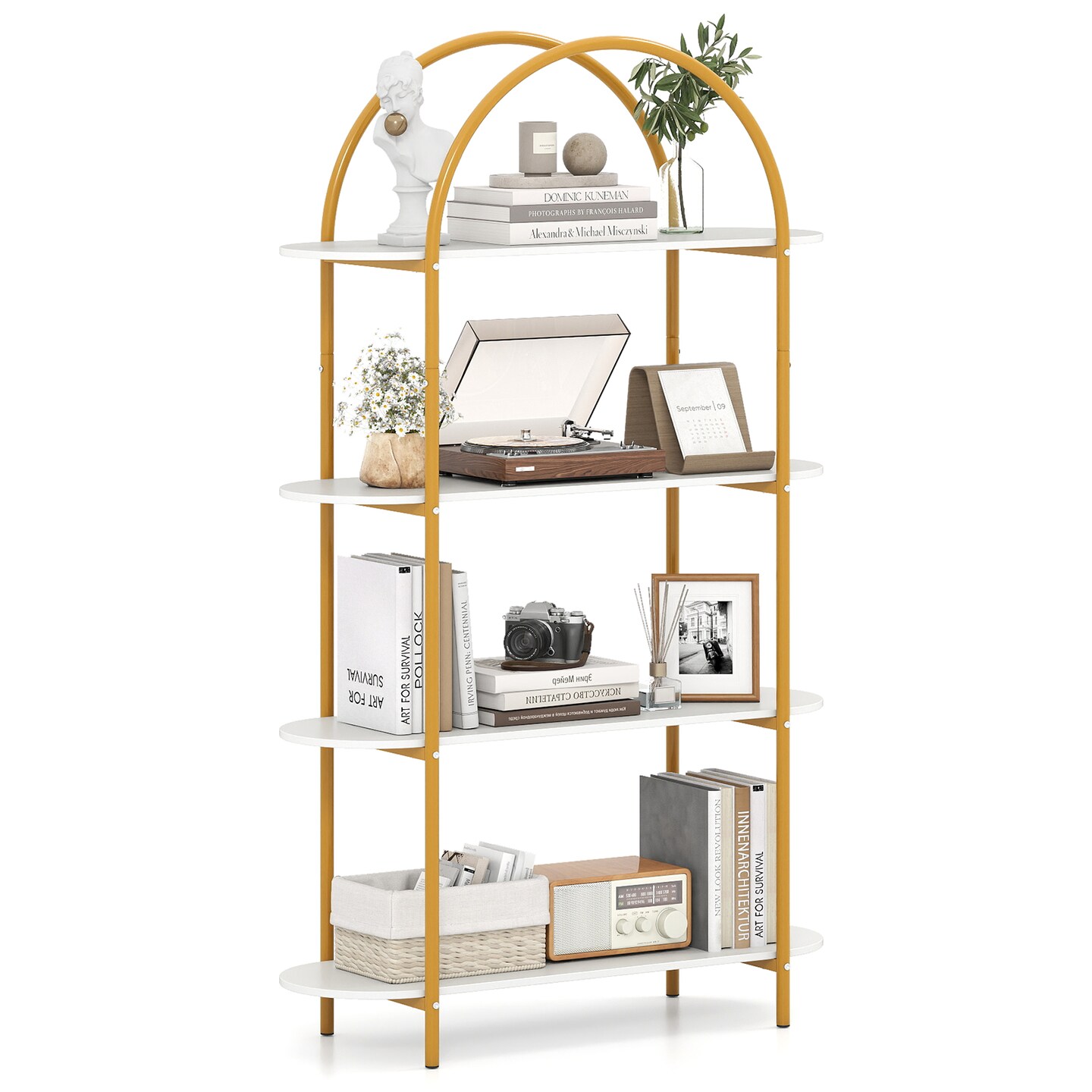 Rustic Metal & Wood 4-Tier Arched Bookshelf Stylish Home Storage & Display