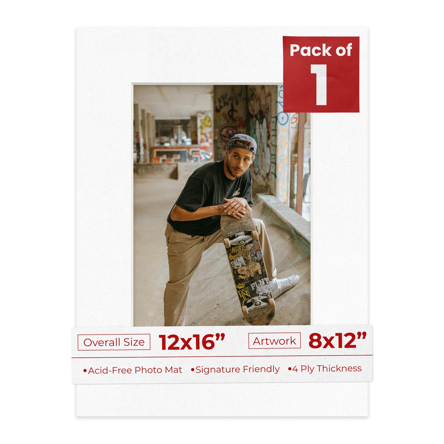 White with Black Core Mat Board for 12x16 Frames - Fits 8x12 Photos