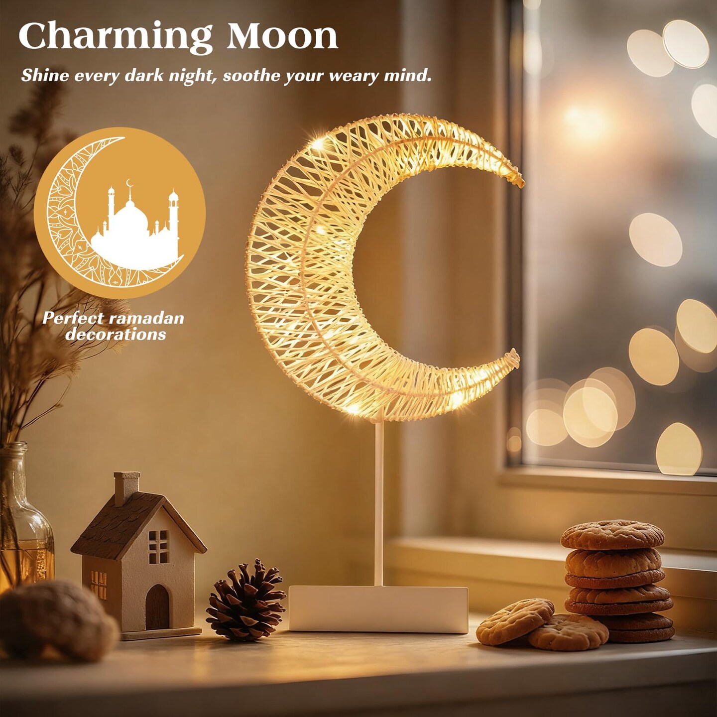 Ramadan Decorations Moon Table Lamp, Moon Shape Rattan Ramadan Desk Lamp Battery Powered Light, Winding Thread LED Crescent Light for Home Bedroom Bedside Desktop Eid Mubarak Decorations