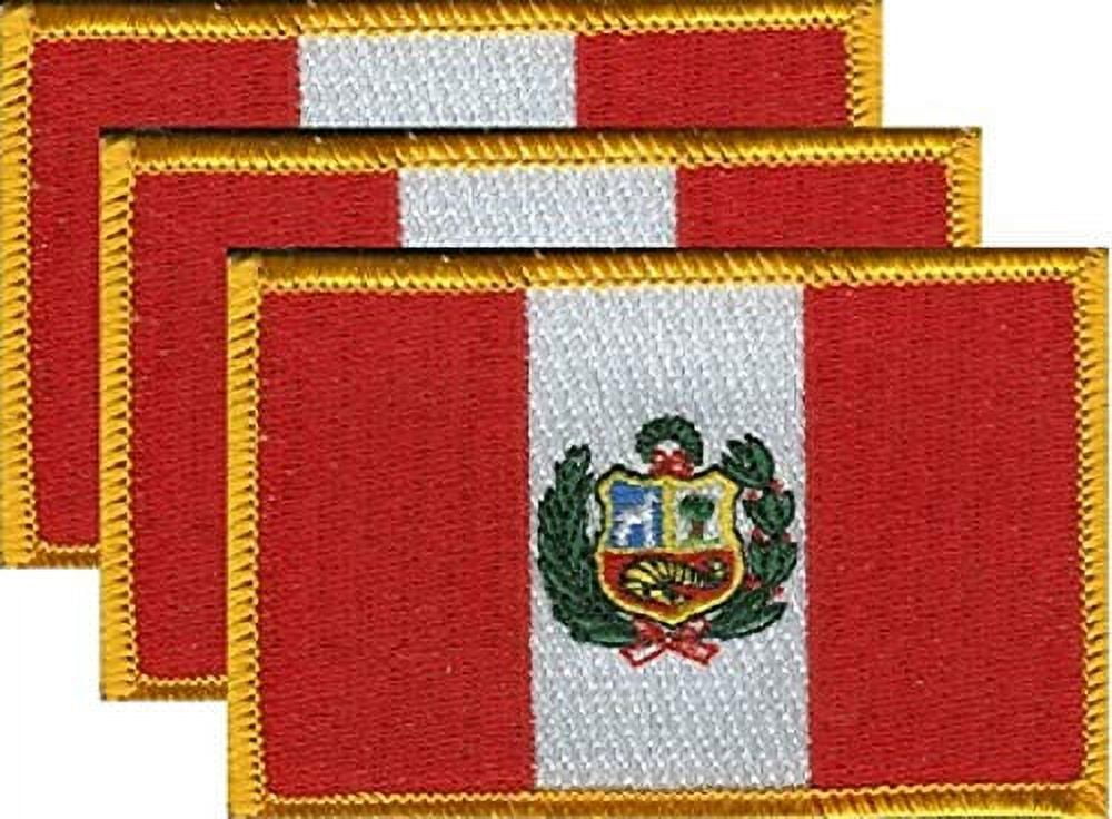 Peru Flag Patch Set - Pack of 3 Embroidered Iron On or Sew On Emblems. 3.5" x 2.25"