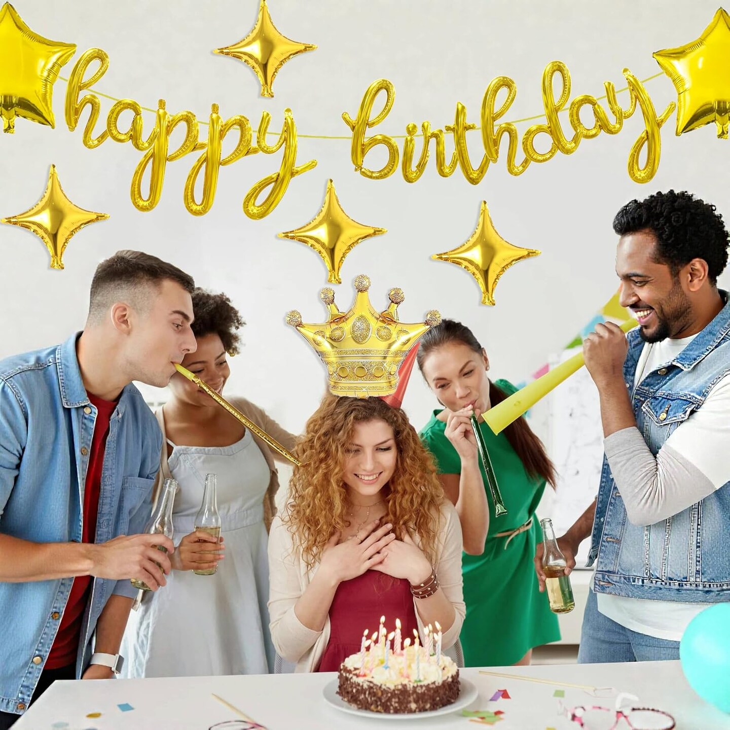 Gold Happy Birthday Balloon Banner – 18-Inch Script/Cursive Foil Letters with Crown & Star Balloons for Party Decorations (Gold)