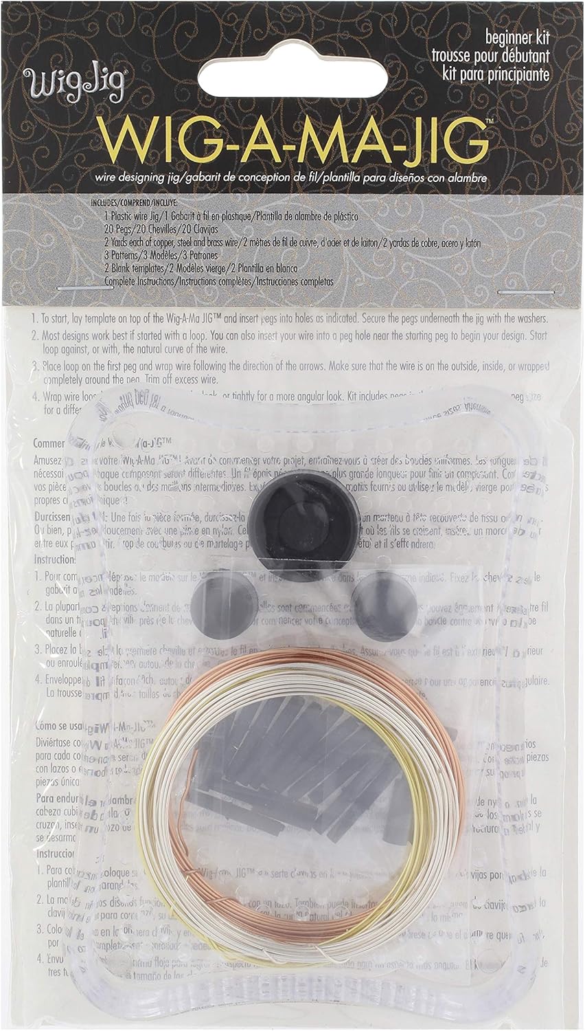 The Beadsmith Wig-A-Ma-Jig Beginner Kit - Includes 3 x 4 Inch Clear Plastic Jig, 20 Plastic Pegs, Copper and Silver Craft Wire, 2 Yds Each