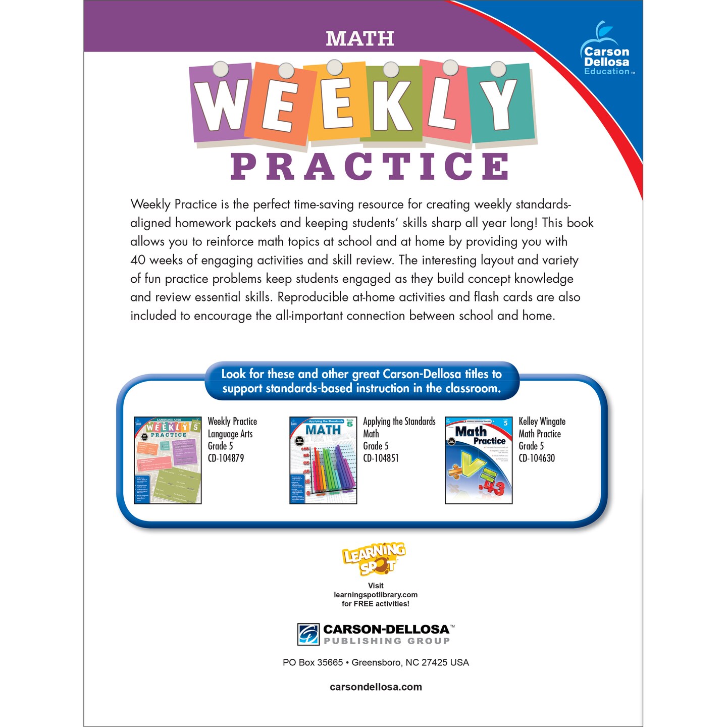 Carson Dellosa Weekly Practice 5th Grade Math Workbook, Flash Cards, Word Problems, Place Value, Fractions, Decimals, and More Mathematics, Classroom or Homeschool Curriculum