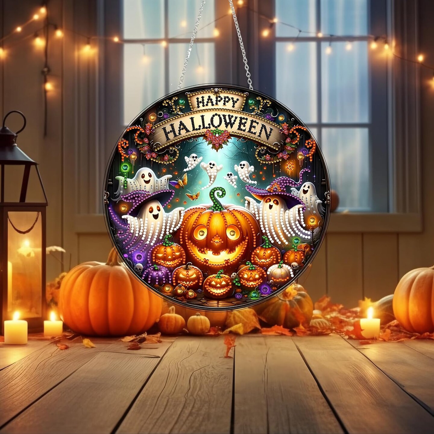 DIY Halloween Acrylic Diamond Art Painting Wreath Kits- (Ghosts and Pumpkins)