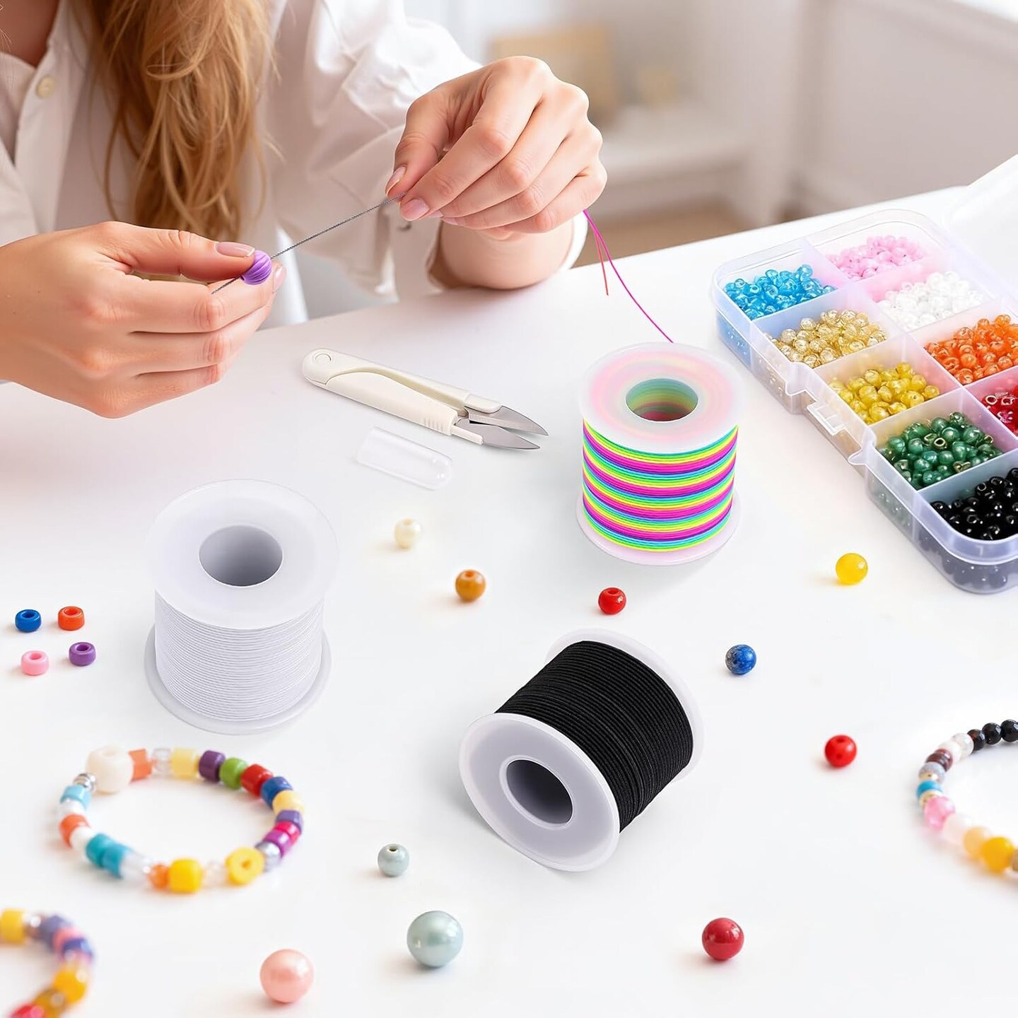 Stretchy Bracelet String Kit – 4 Rolls Elastic Cord (Black, White, Rainbow) with Scissors & Beading Needle, 1mm Elastic Jewelry String for DIY Bracelets, Necklaces, Beading, 660FT Total