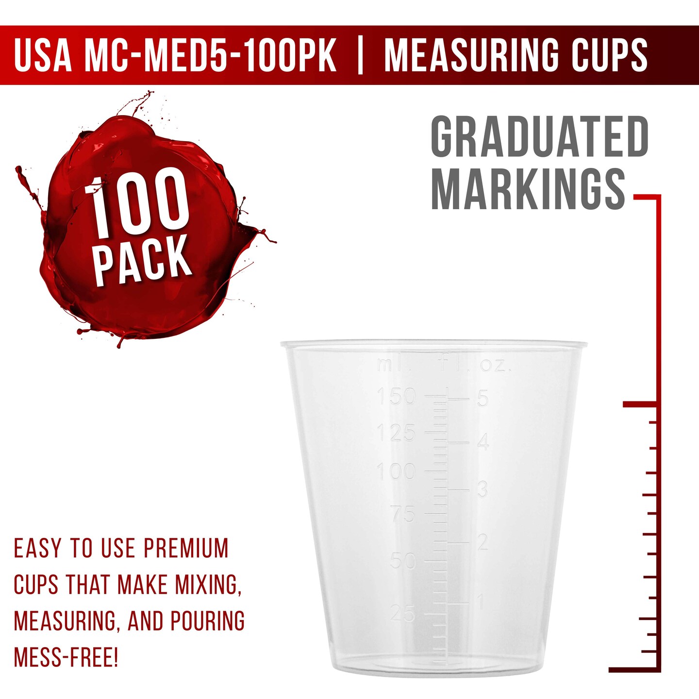 5 Oz (150 ml) Liquid Measuring Cups - Plastic Graduated Cup (100 Pack) with 25 Sticks - Reusable Mixing Cups for Paint, Craft, Kitchen, Lab, Medical Supplies, Epoxy Resin, Art