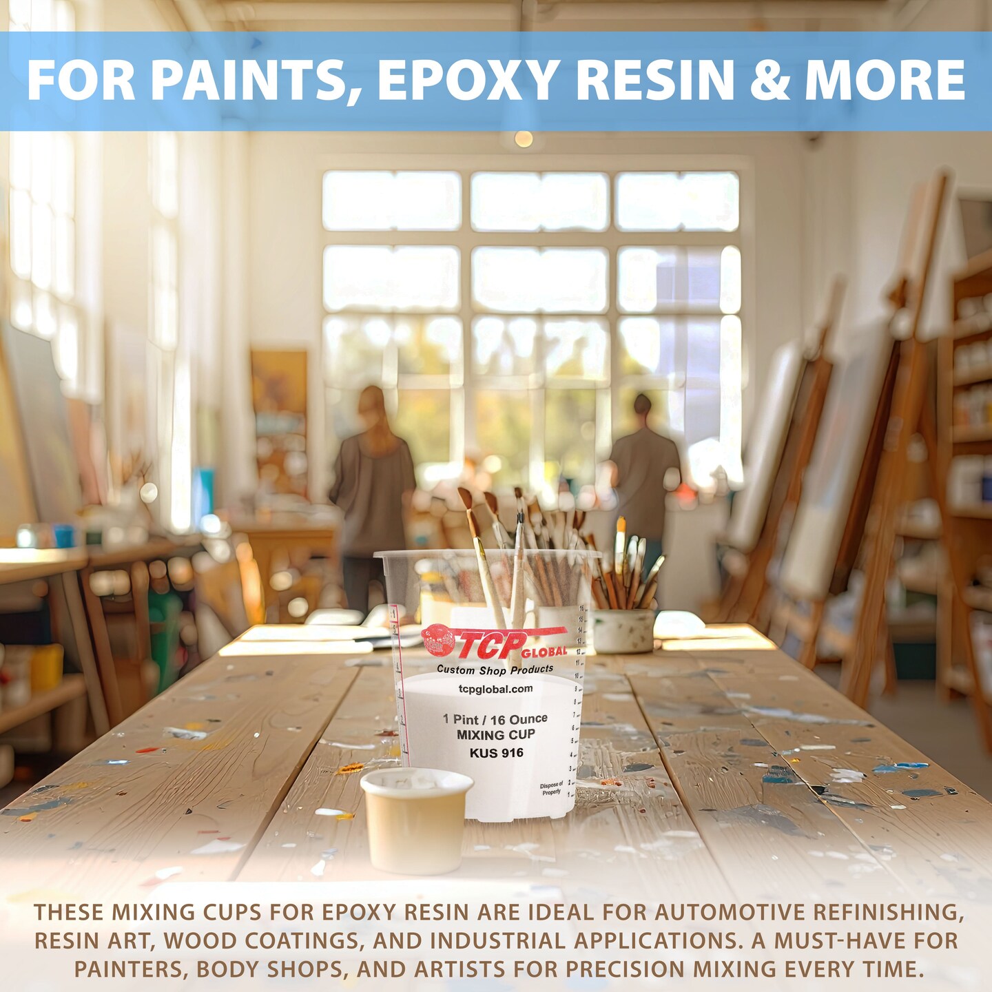 Custom Shop Paint Mixing Cups, 16-Ounce (Box of 100) - Plastic Measuring Cups for Liquids, Automotive Painting, Epoxy Resin, Acrylic Arts, Crafts, Disposable or Reusable, Graduated, Mixing Ratios