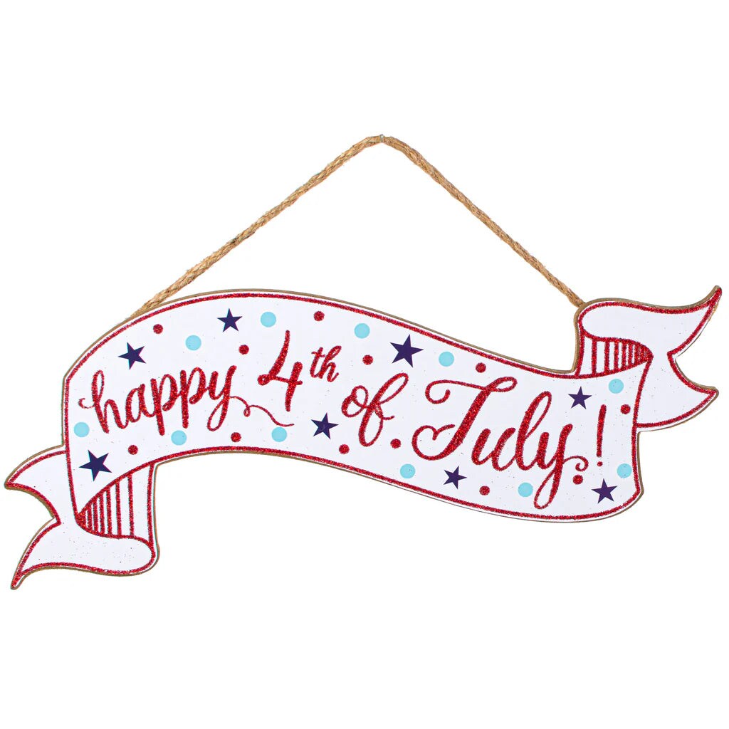 15&#x22; Happy 4th of July Hanging Banner Sign &#x2013; Glitter Patriotic Decoration with Stars