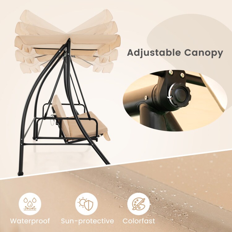 Outdoor Swing Chair 2 Person Converts to Bed with Adjustable Canopy Beige
