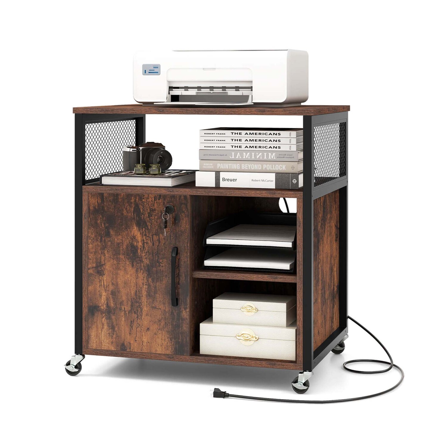 Costway File Cabinet on Wheels with Charging Station & Cable Management Hole Shelves Brown/Grey