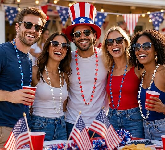 4E's Novelty 72 Pack Beaded Necklace - Red White and Blue Necklace, 4th of July Accessories