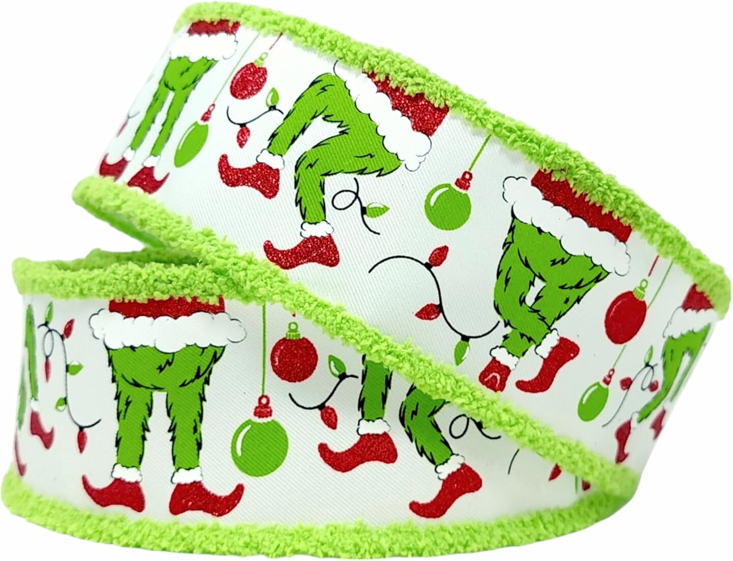 RG Ribbon: 2.5" Christmas Elf Legs Faux Fur Wired Edge Ribbon - White, Lime Green, Red