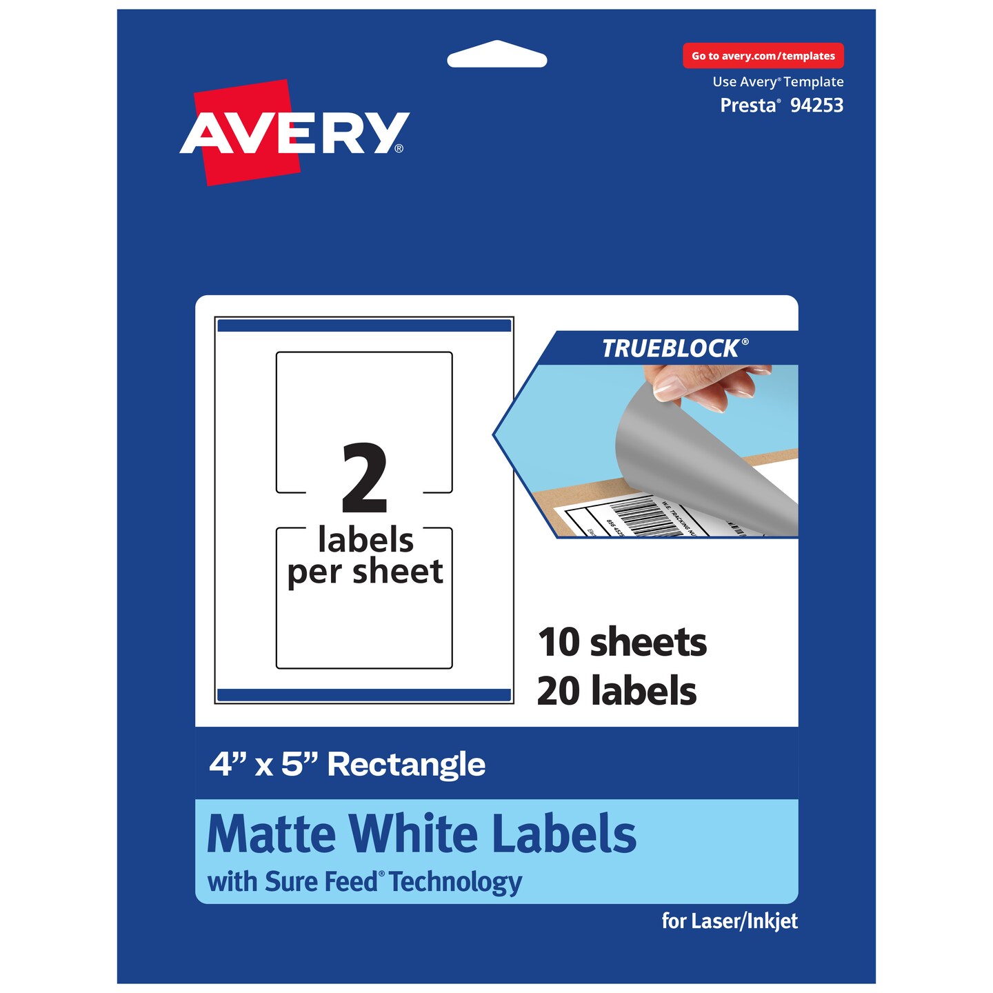 Avery TrueBlock Matte White Paper Labels, 4" x 5" Rectangle