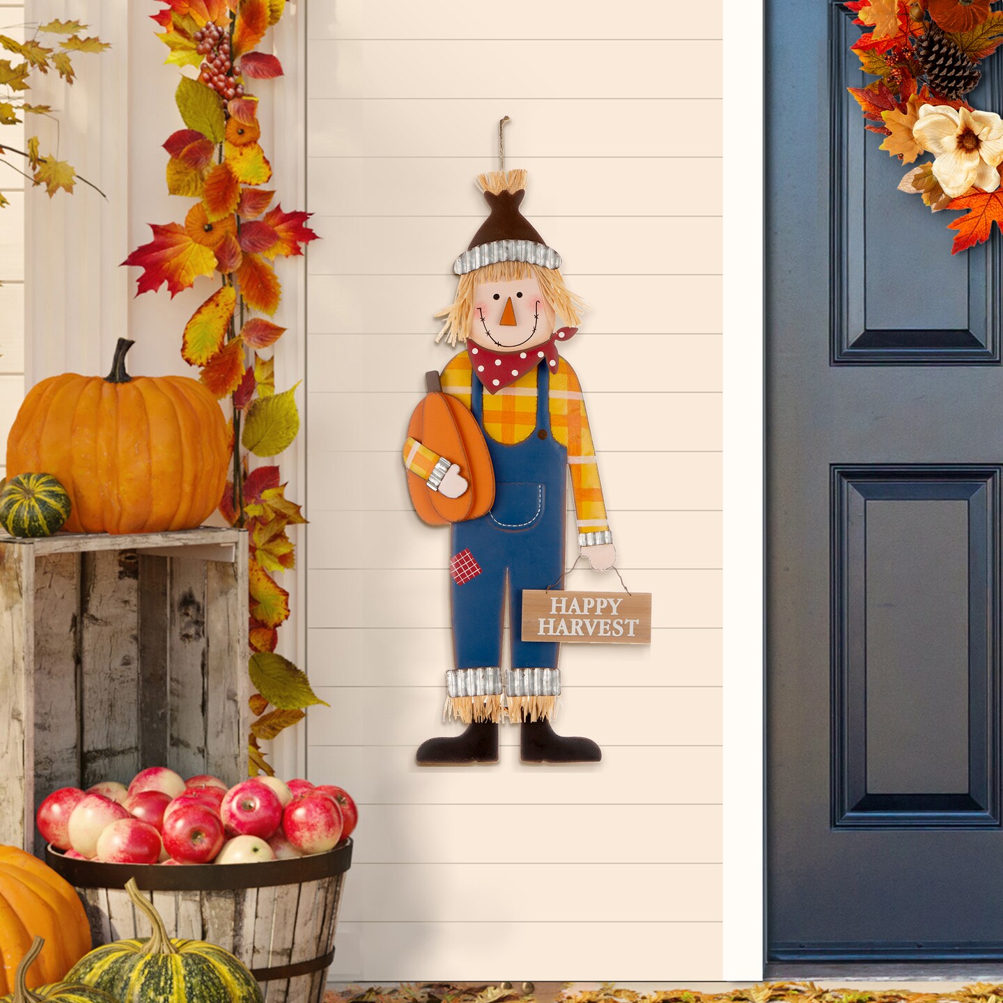 Set of 2 36"H Boy & Girl Fall Metal Scarecrow Yard Stake/Standing/Hanging Sign (KD, Three Function)