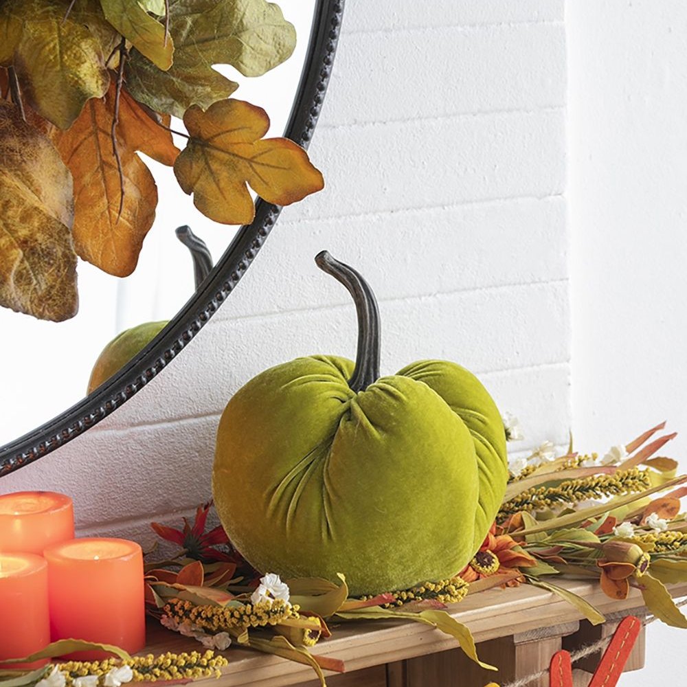 Edge Collections - Green - Velvet Weighted Pumpkins with Resin Stem - 2 Set