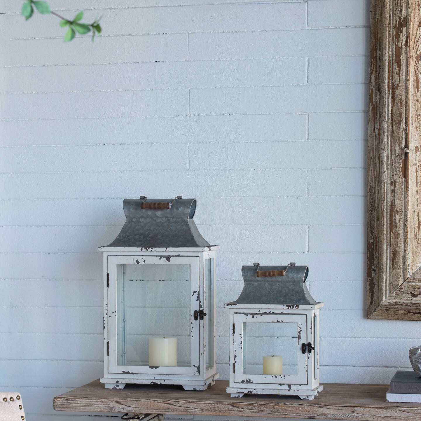 Edge Collections - White - Evelyn Wooden Candle Lantern Decorative Hurricane Lantern Holder - 2 Piece