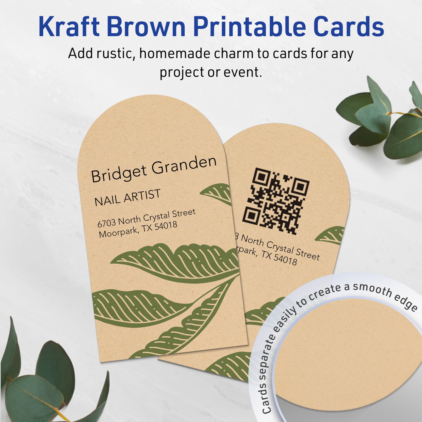 Avery Printable Arched Business Cards, Sure Feed Technology, 2" x 3-1/2", Matte Kraft Brown Cardstock, Print-to-The-Edge, Laser/Inkjet Printable, 80 Total