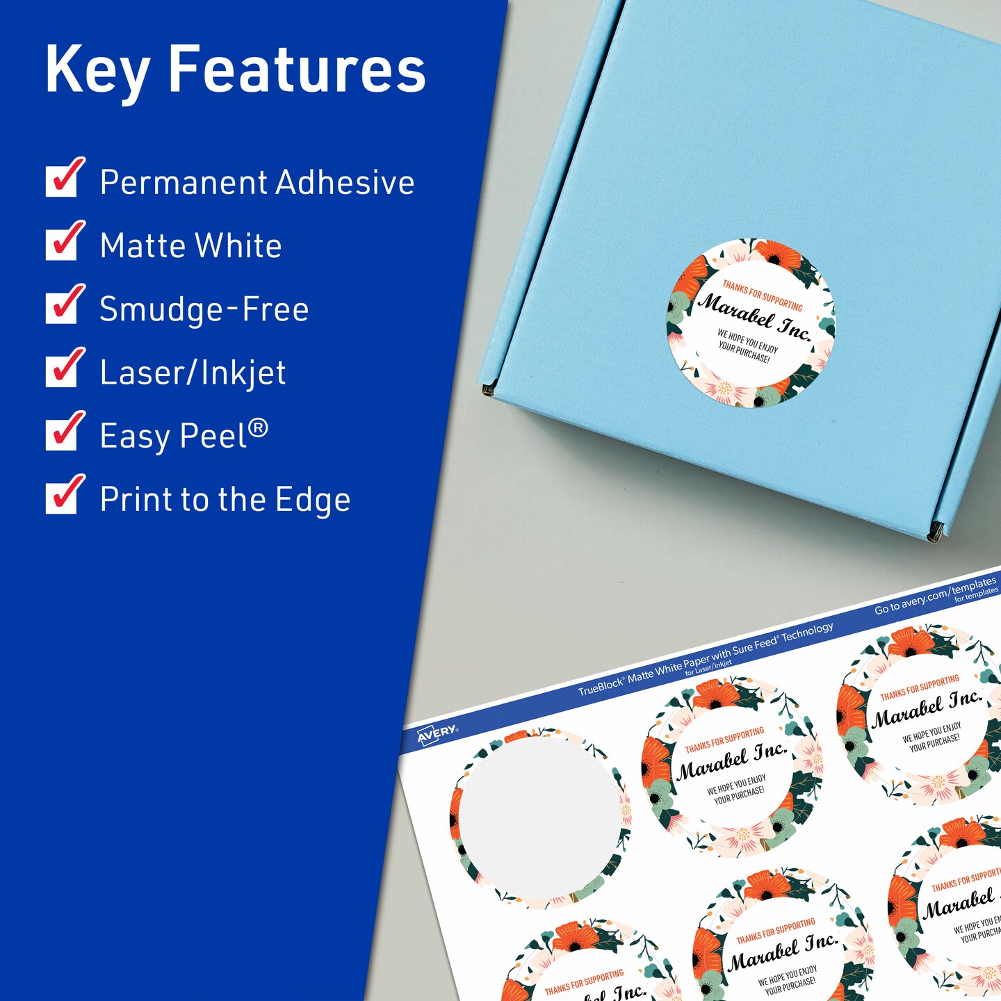 Avery TrueBlock Matte White Paper Labels, 2-1/4" diameter Round