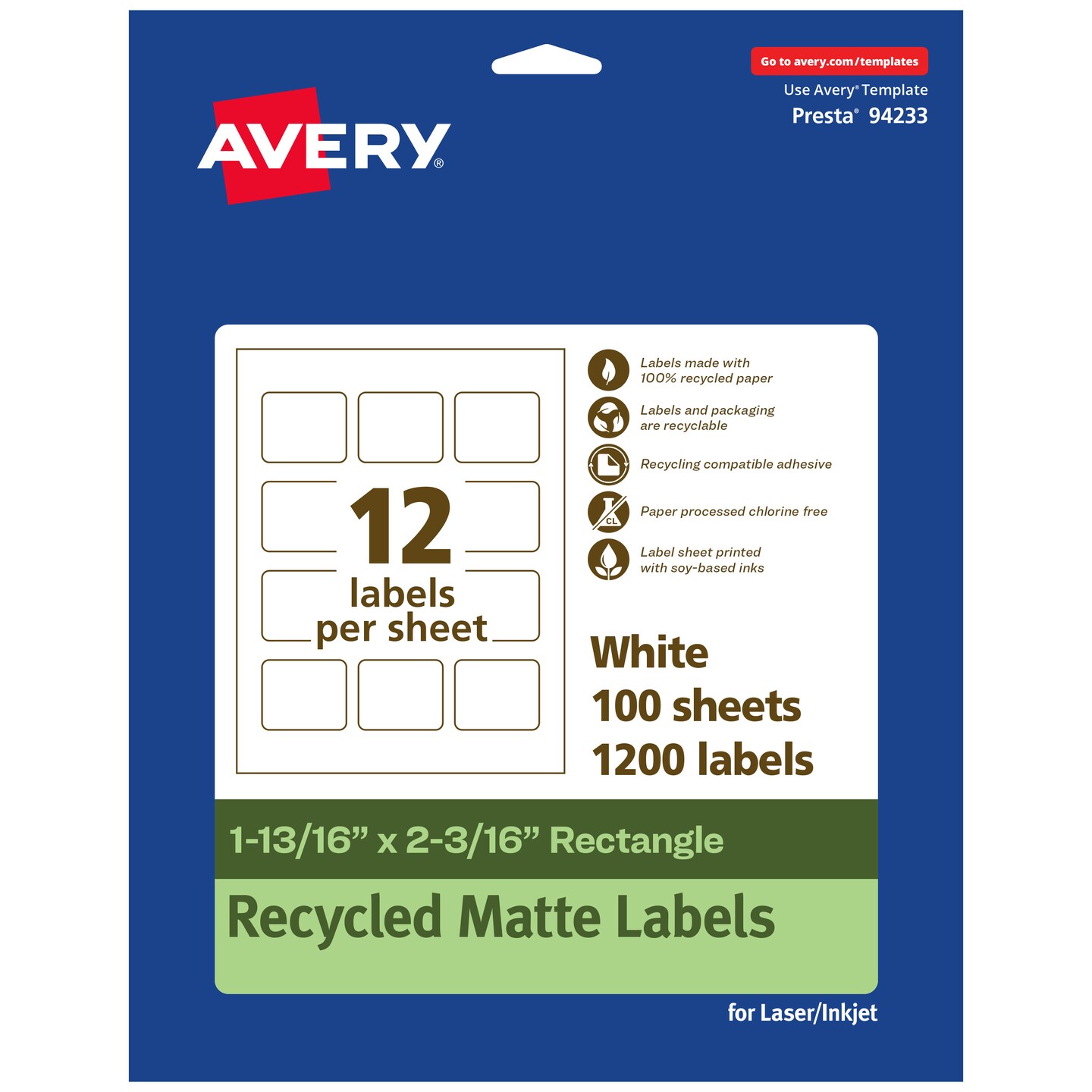 Avery Recycled Matte White Labels, 1-13/16" x 2-3/16" Rectangle