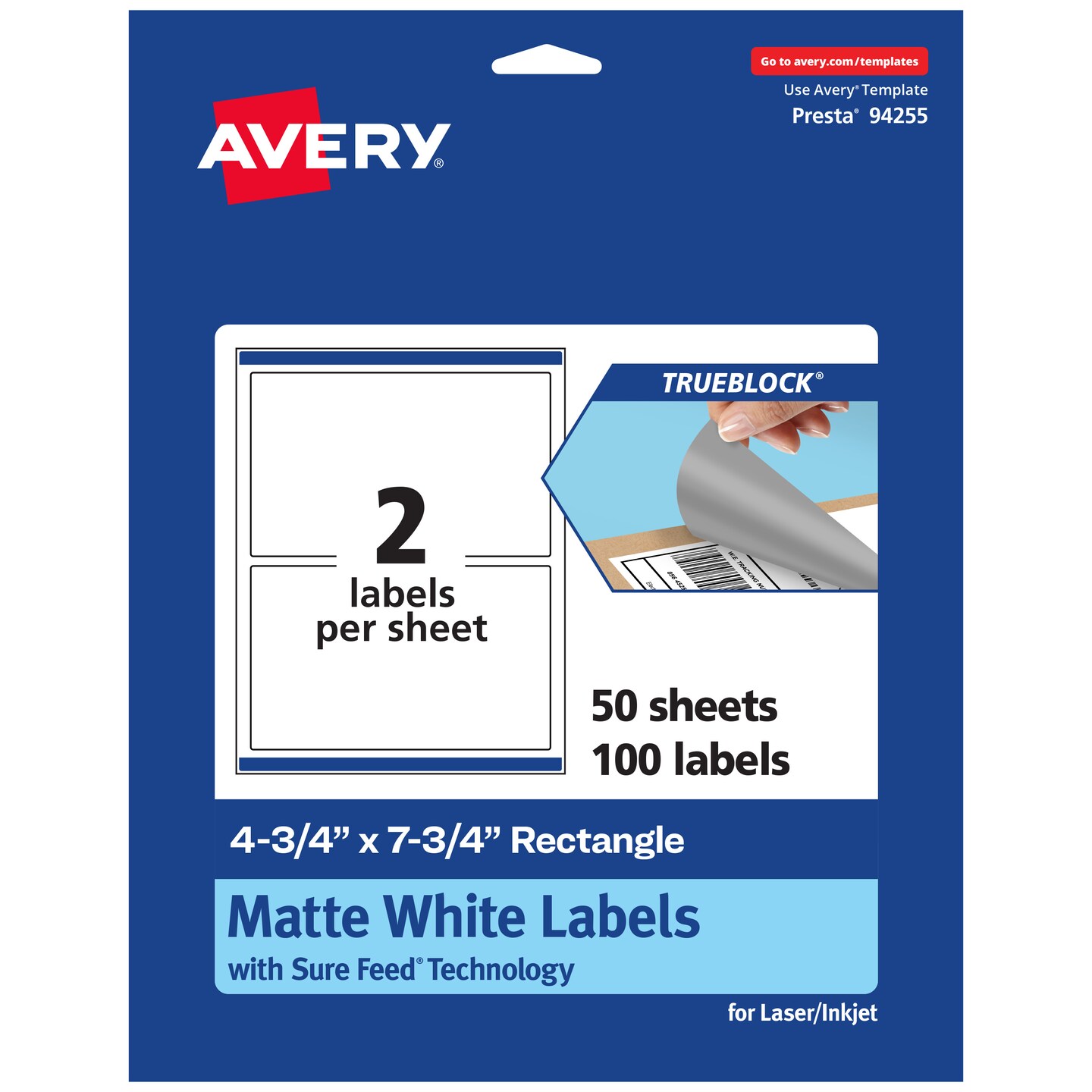 Avery TrueBlock Matte White Paper Labels, 4-3/4" x 7-3/4" Rectangle