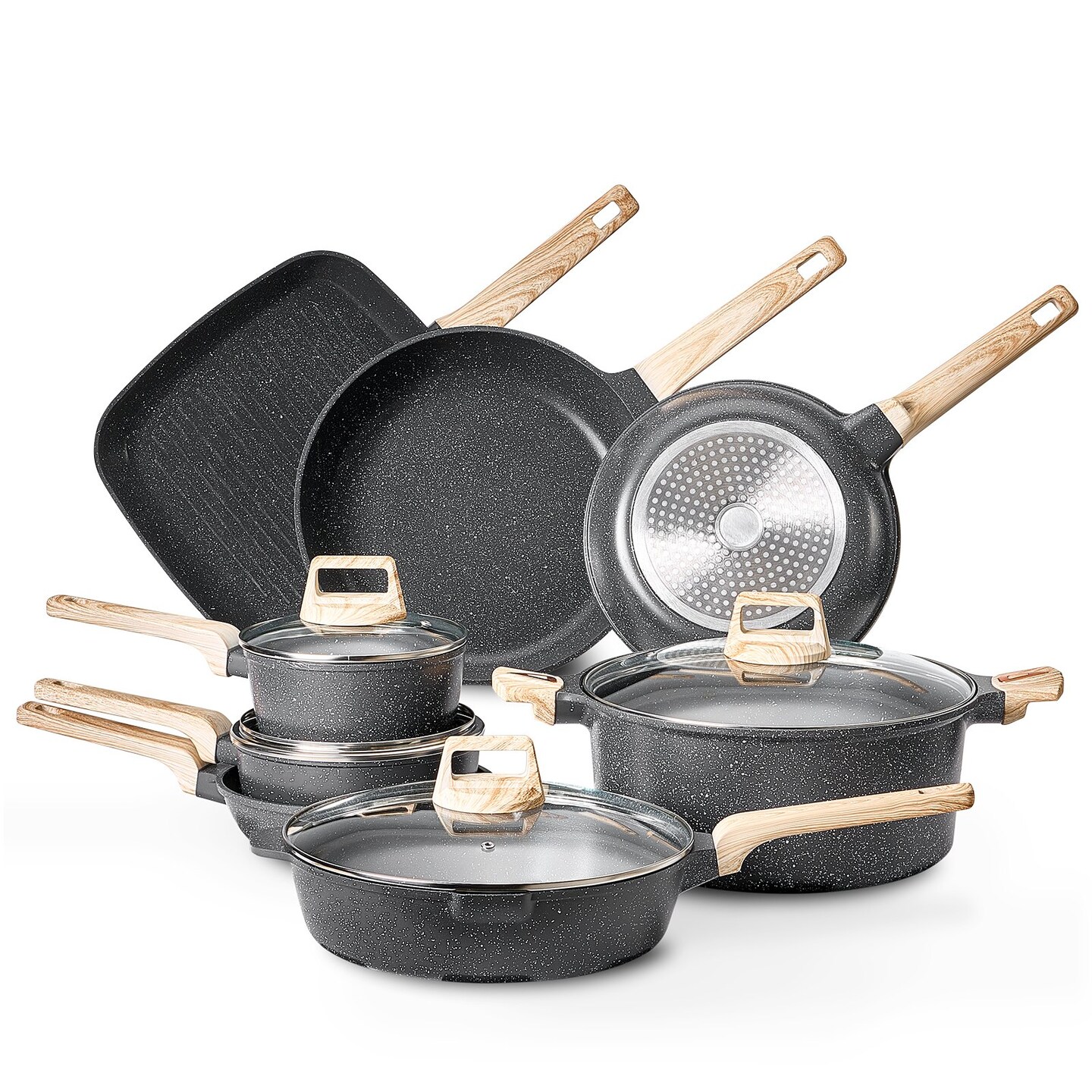 Nonstick Cookware Set, Granite Induction Kitchen Pots and Pans with Lids
