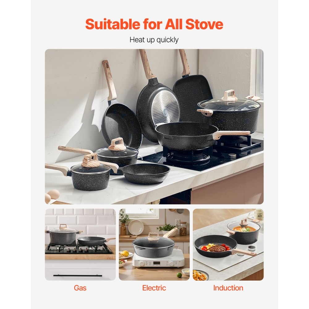 Nonstick Cookware Set, Granite Induction Kitchen Pots and Pans with Lids