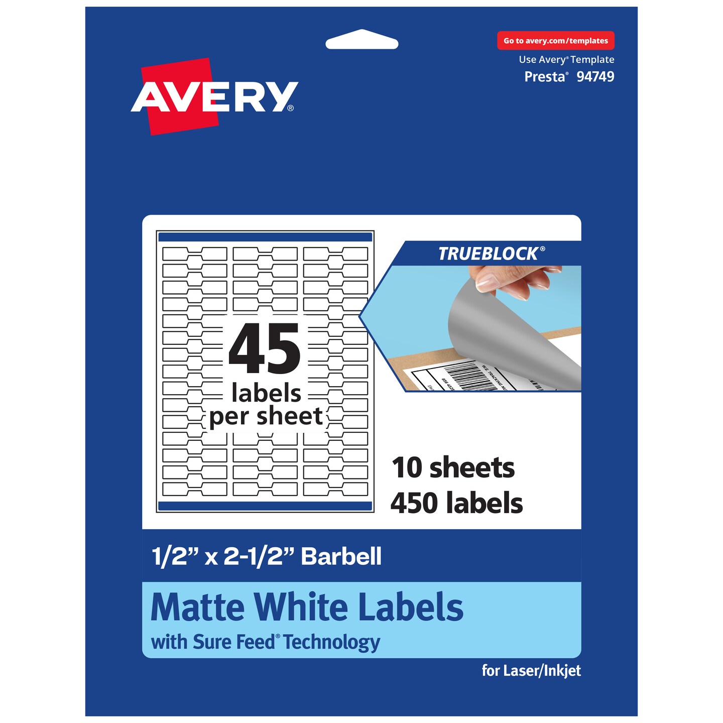 Avery TrueBlock Matte White Paper Labels, 1/2" x 2-1/2" Barbell