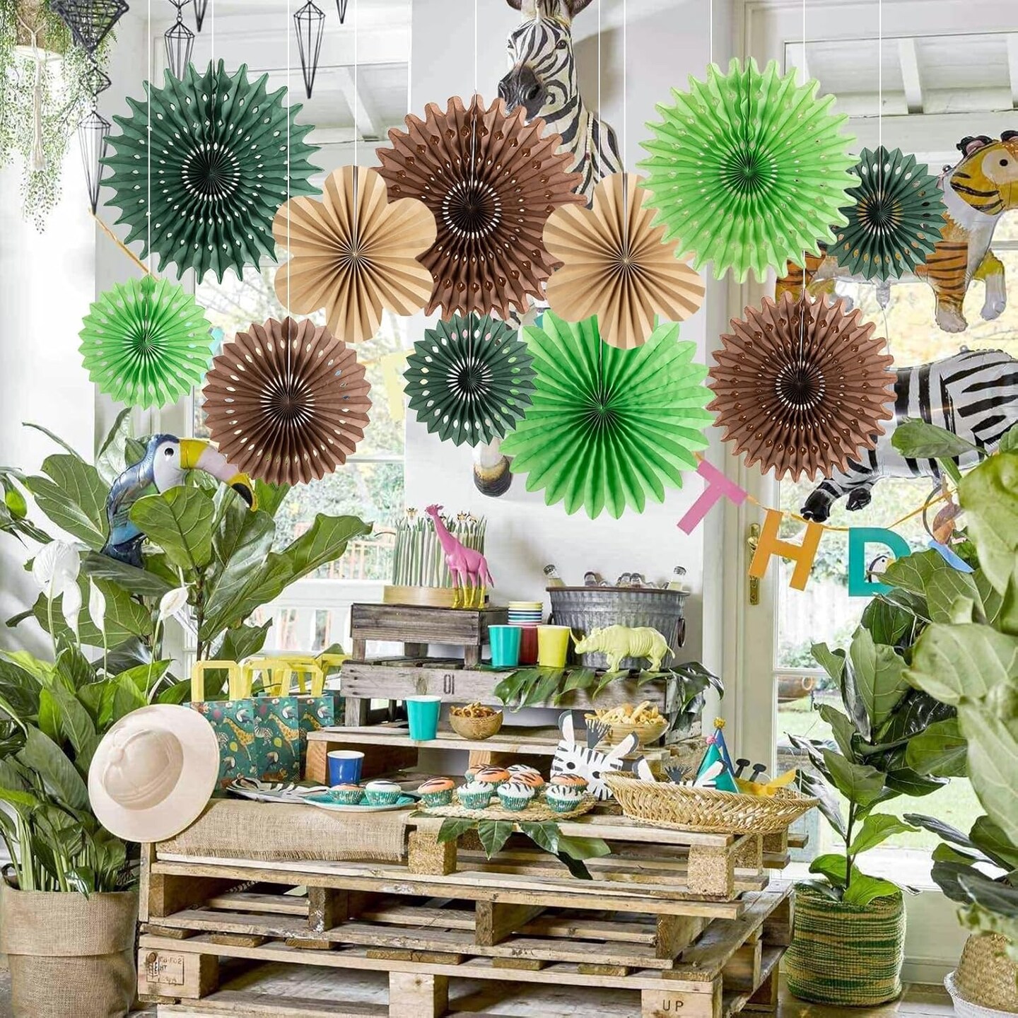11-Piece Hanging Paper Fans Decoration Set | Green & Brown Tropical Jungle Flowers for Summer Safari Carnival, Birthday Party & Nursery Wall Decor