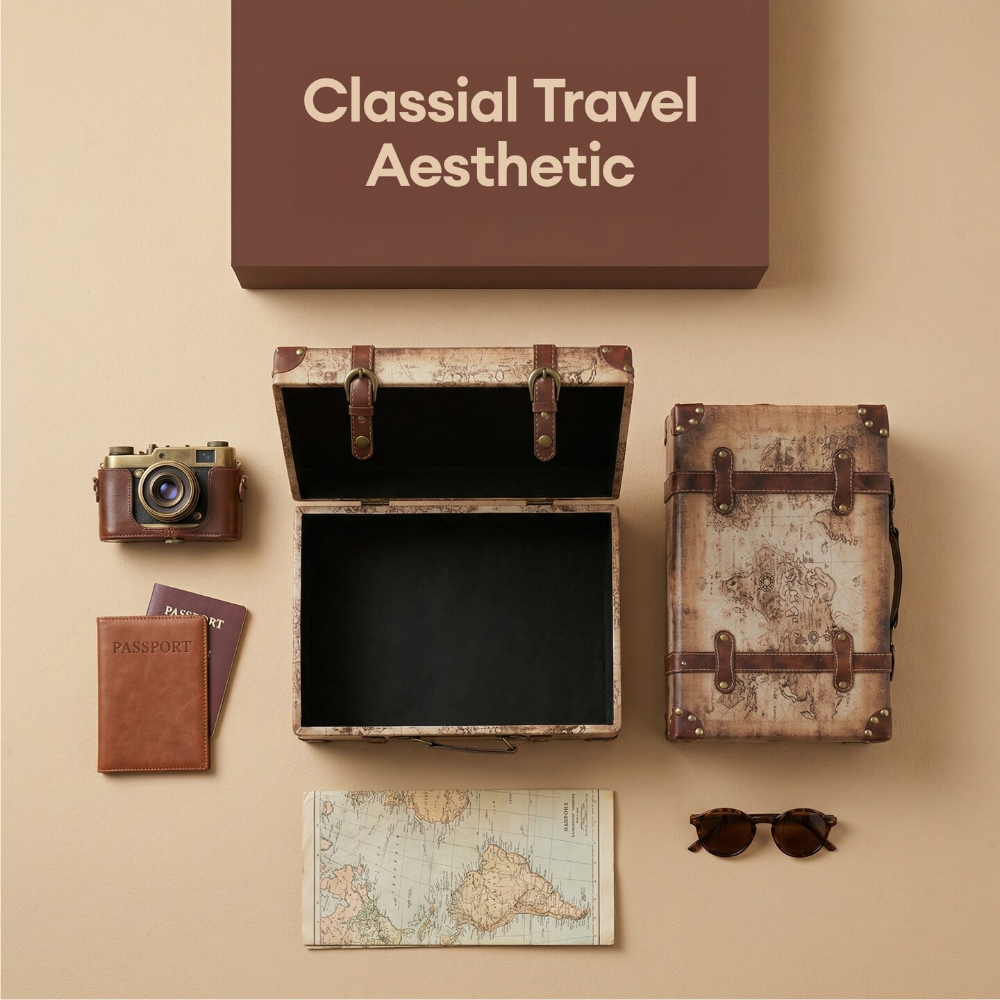 Old World Map Leather Vintage Style Suitcase with Straps, Set of 2