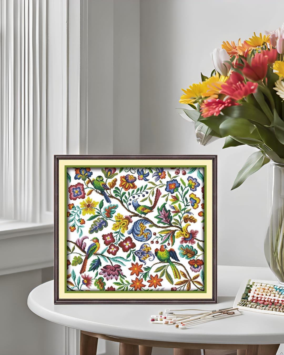 Counted Cross Stitch Embroidery Kit for Adults & Beginners – Birds, Flowers & Fragrance Design | 14CT White Fabric | DIY Needlepoint Craft Kit with DMC Threads, Needle, Pattern & English Instructions (No Pre-Printed Canvas)