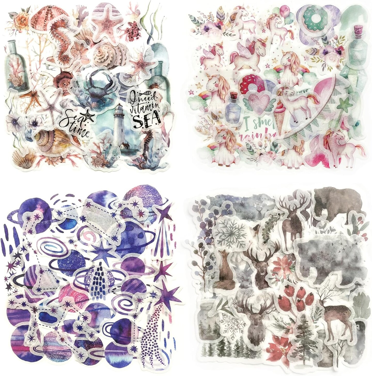 320PCS Watercolor Washi Stickers Set – Forest, Ocean Animals & Beach Aesthetic Stickers for Scrapbooking, Planners, Bullet Journals & DIY Crafts