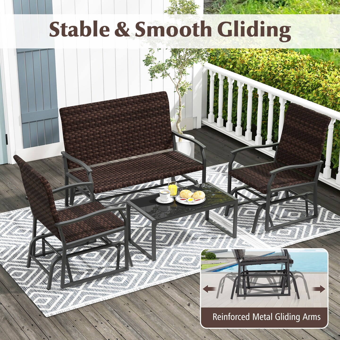 Outdoor Gliding Patio Furniture Set 4 Piece Wicker Sofa Set with Glass Top Coffee Table