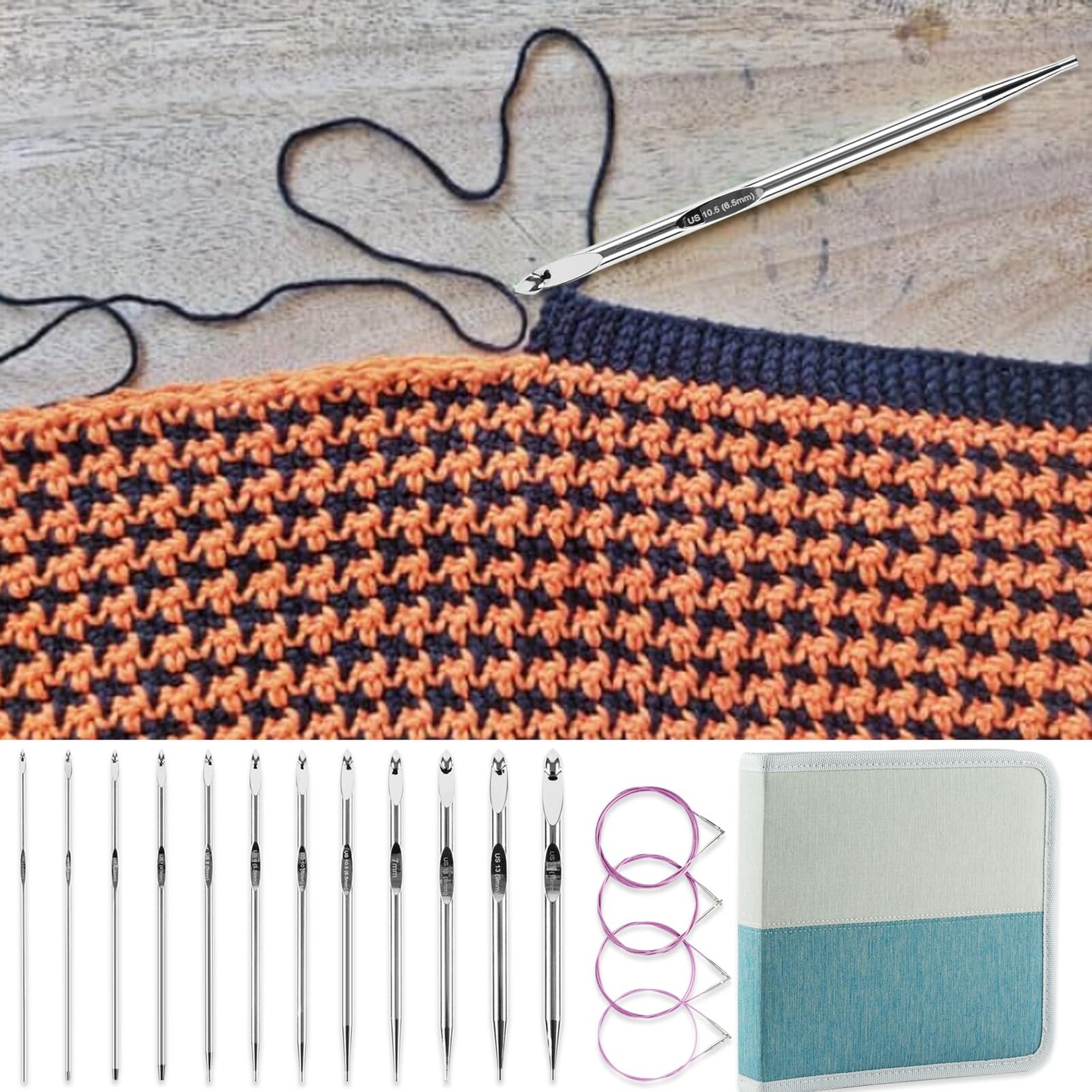 Tunisian Crochet Hooks Set with Cable, Afghan Crochet Hooks Interchangeable, Size from 3mm-10mm Aluminium Crochet Knitting Needles for Crocheting