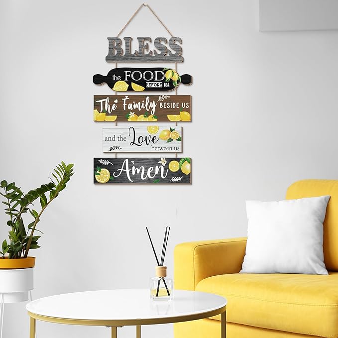 5 Pieces Kitchen Wall Decor Bless the Food Before Us Sign Farmhouse Rustic Dining Room Wall Art Wooden Hanging Signs for Kitchen Decor Hanging Plaque for Home(Lemon)