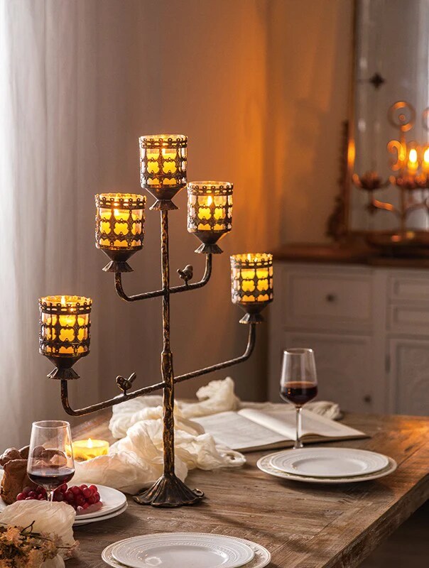 5-Arm Candle Holder Vintage Metal Lattice Amber Glass Votives 31.1x26.2