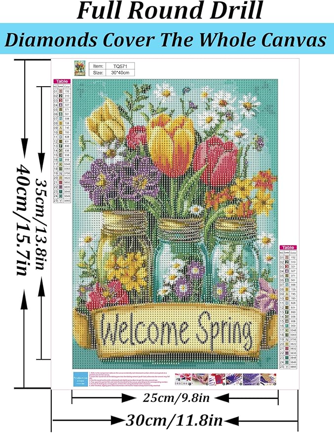 Welcome Spring Flower Diamond Art Kits for Adults, 5D Diamond Painting Kits for Adults Beginners, DIY Full Round Drill Diamond Dot Painting Gem Art Kits for Adult, Home Wall Decor 11.8x15.7 Inch