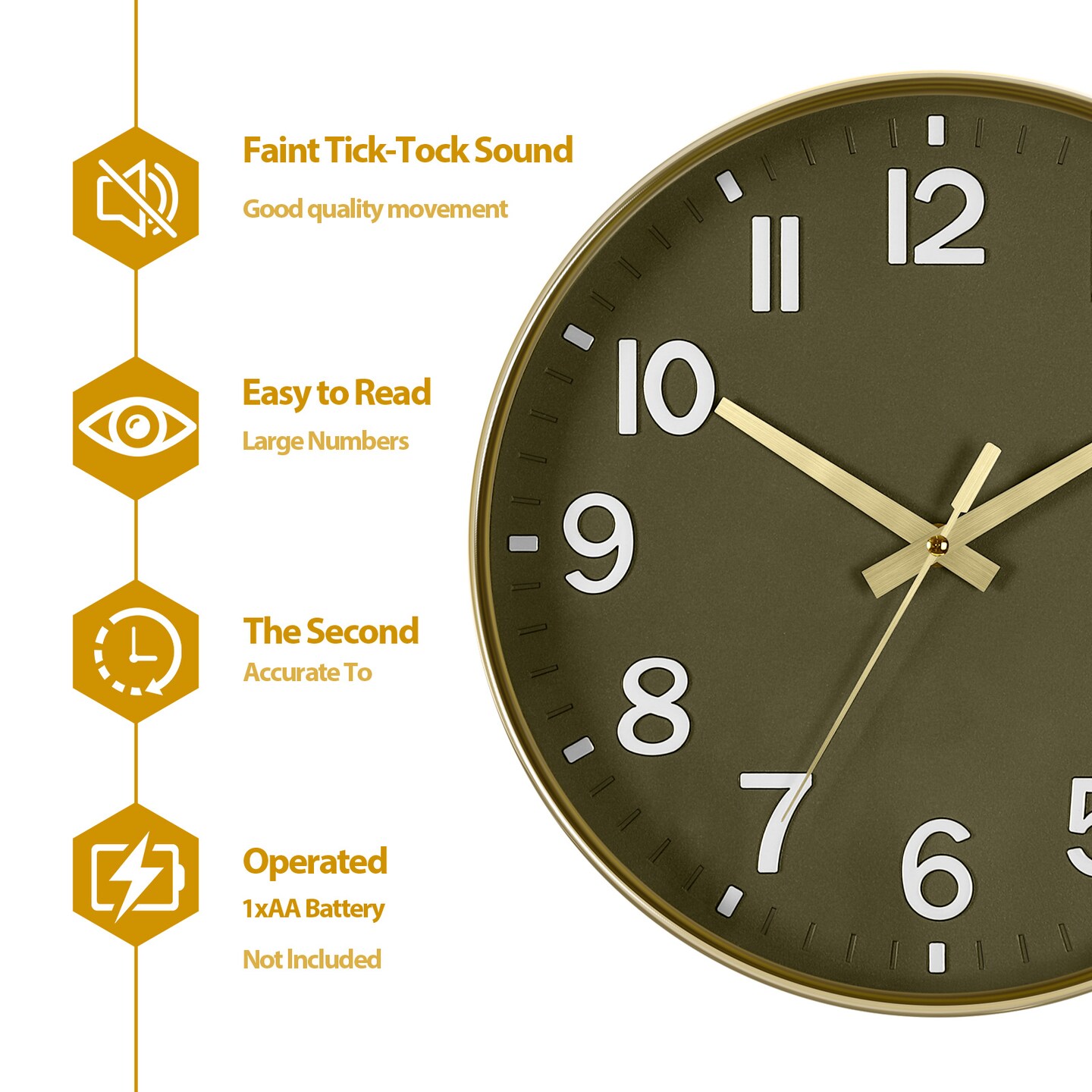 11.8 Inch Gold Frame Wall Clock, Non-Ticking Silent Quartz Clock with Easy-to-Read Large Numbers