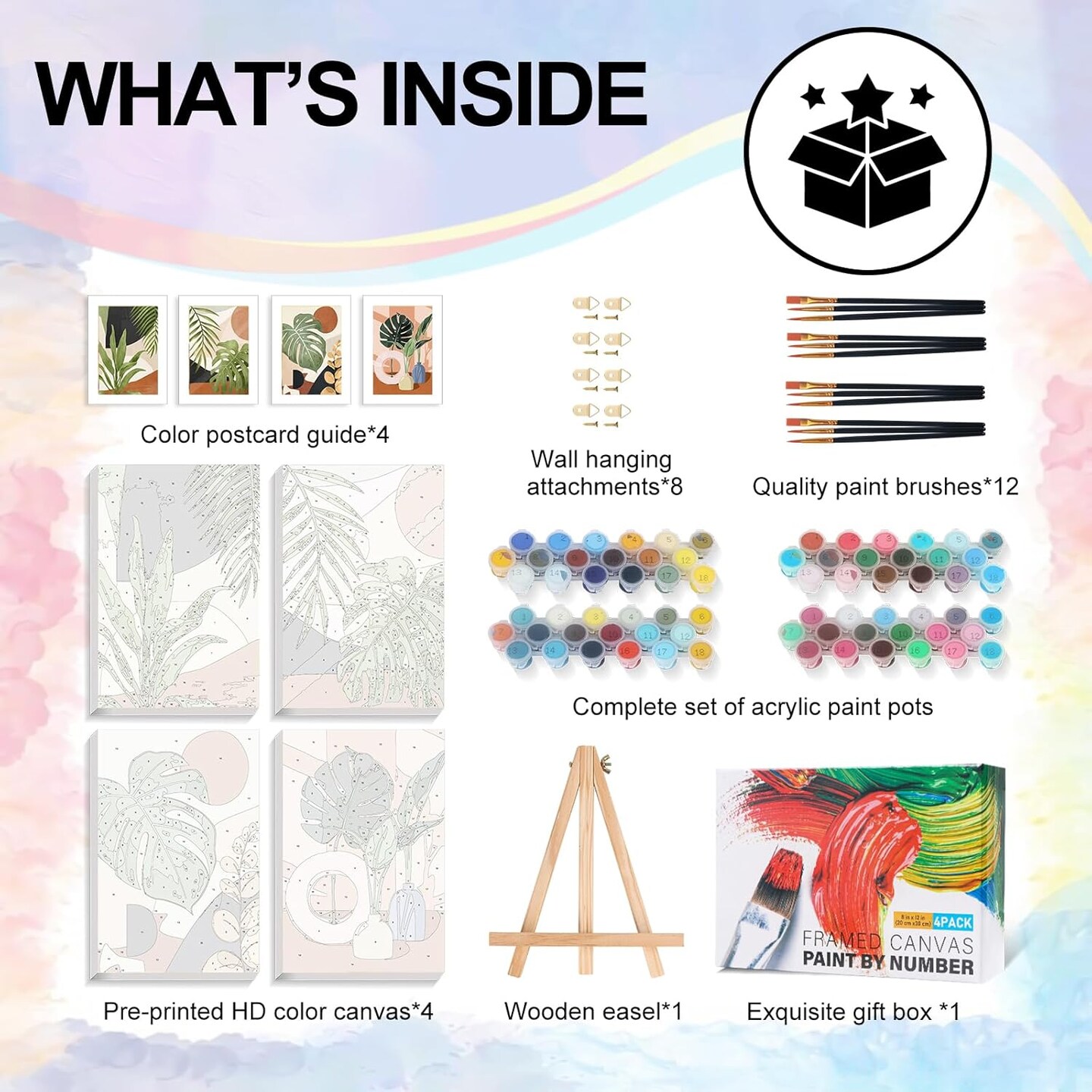 4 Pack Framed Paint By Numbers Green Plants Kit for Adults Beginners – 8x12 Inch DIY Acrylic Painting Set with Wooden Easel, Easy Botanical Wall Art for Home Decor & Gift