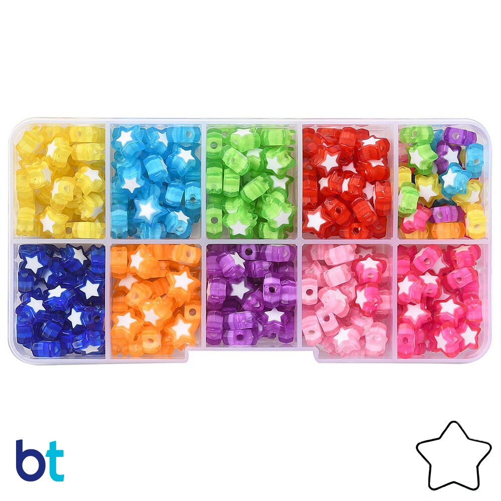 BeadTin Transparent 9mm Star Plastic Beads - White Core (Box/9 Colors)
