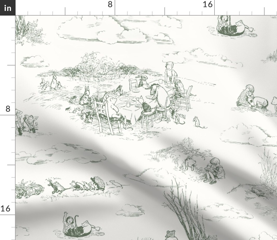 Dusty Green Winnie The Pooh Vintage Storybook Gender Neutral Baby Hundred Acre Woods Custom Printed Fabric by Spoonflower Various Fabrics by the Yard or Fat Quarter