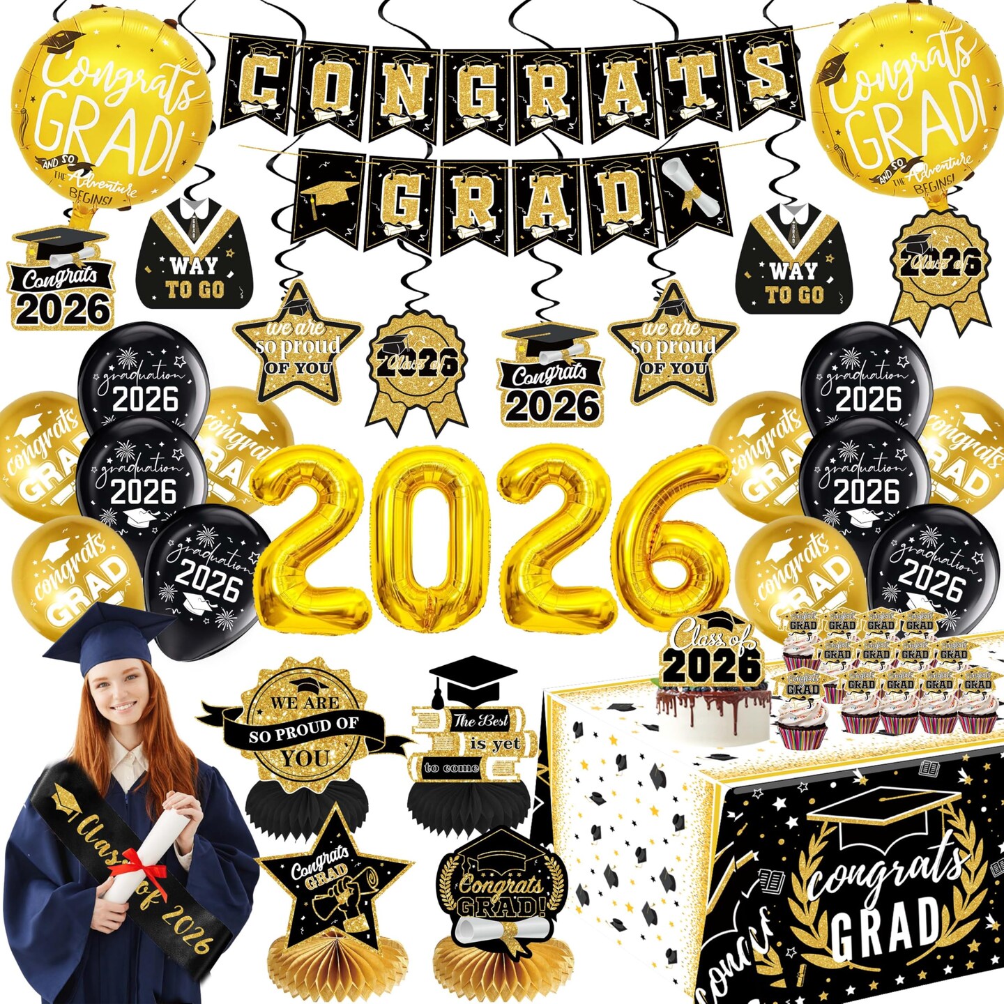 Black and Gold Graduation Decorations 2026 Class of 2026 Decorations - Includes 32 Inch Gold 2026 Balloons, Congrats Grad Banner, Tablecloth, Sash, Centerpieces - College High School Party Supplies